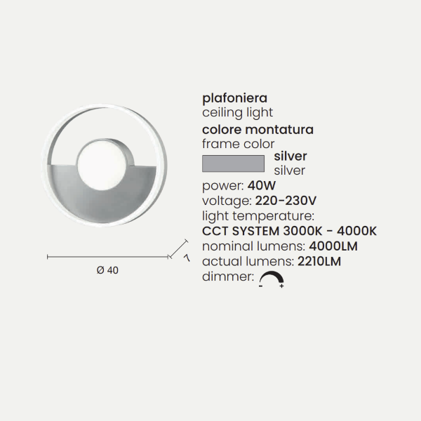 Plafoniera in metallo Argento con diffusore perimetrale D40 cm Led ELISA