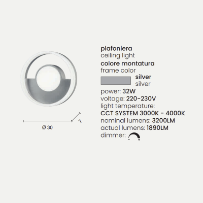 Plafón de metal plateado con difusor perimetral LED ELISA D30 cm