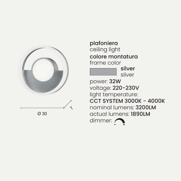 Plafón de metal plateado con difusor perimetral LED ELISA D30 cm