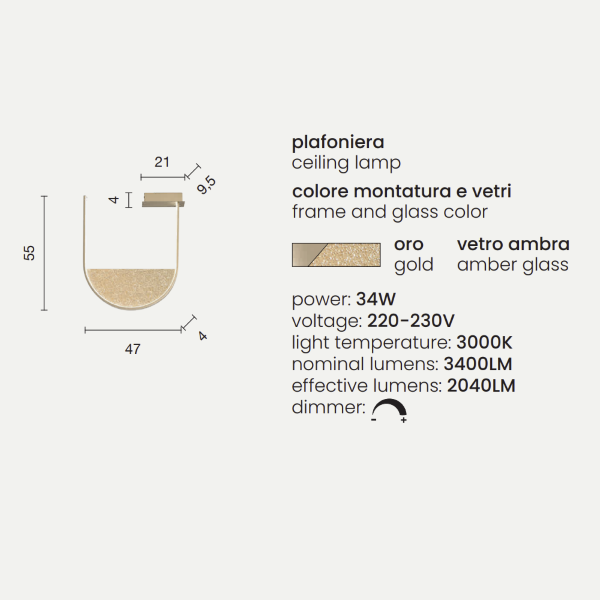 LOTUS Deckenleuchte mit herausnehmbarem Einsatz aus GOLD-Granulatglas 55x47 cm