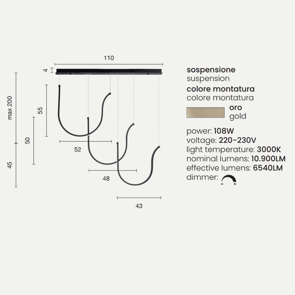 Lampe à suspension ARQUA 3 Lumières à pied rectangulaire en métal OR 110 cm 