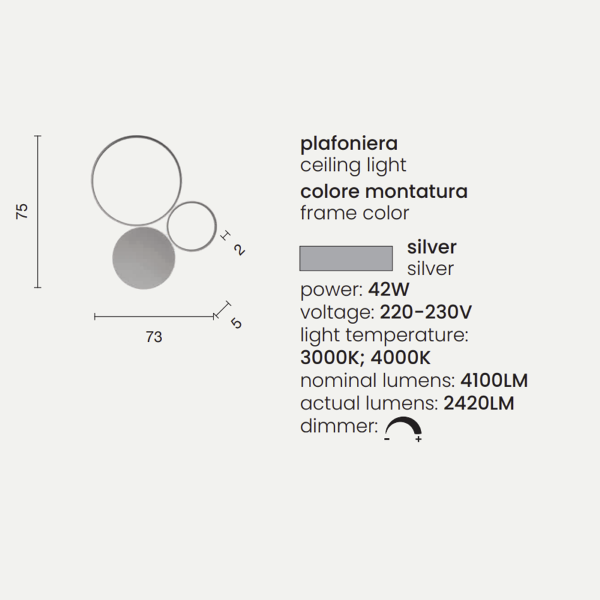 POIS ceiling lamp in SILVER painted metal 73x75 cm