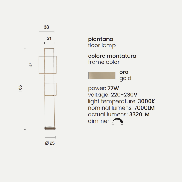 Piantana DOWEL a LED in metallo verniciato ORO H166 cm