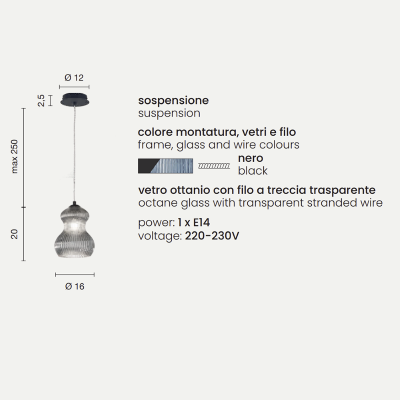 Lampada sospensione D16 cm in vetro soffiato Ottanio - MADAGASCAR Mod2