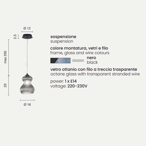 Lampada sospensione D16 cm in vetro soffiato Ottanio - MADAGASCAR Mod2
