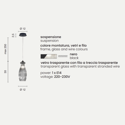 Lampada sospensione D12 cm in vetro soffiato Trasparente - MADAGASCAR Mod3