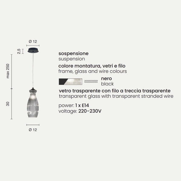 Lampada sospensione D12 cm in vetro soffiato Trasparente - MADAGASCAR Mod3