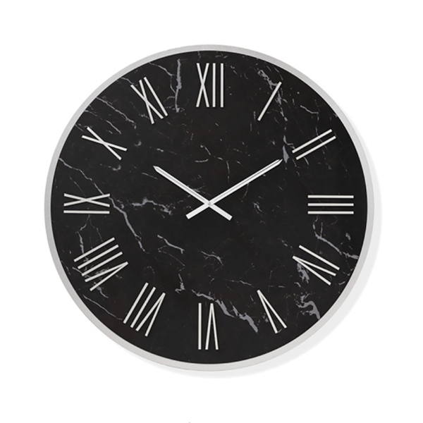 Runde Uhr, D40 cm, aus schwarzem Kerlit mit Details in BLAISE-Silber