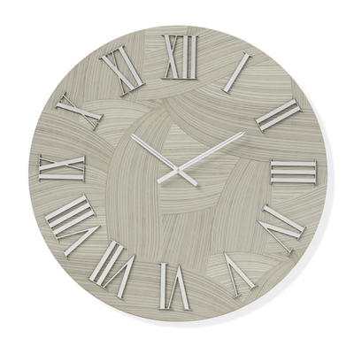 Orologio rotondo D40 cm in legno rivestito con parato e dettagli Argento ADAK