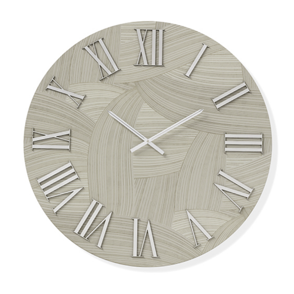 Orologio rotondo D40 cm in legno rivestito con parato e dettagli Argento ADAK