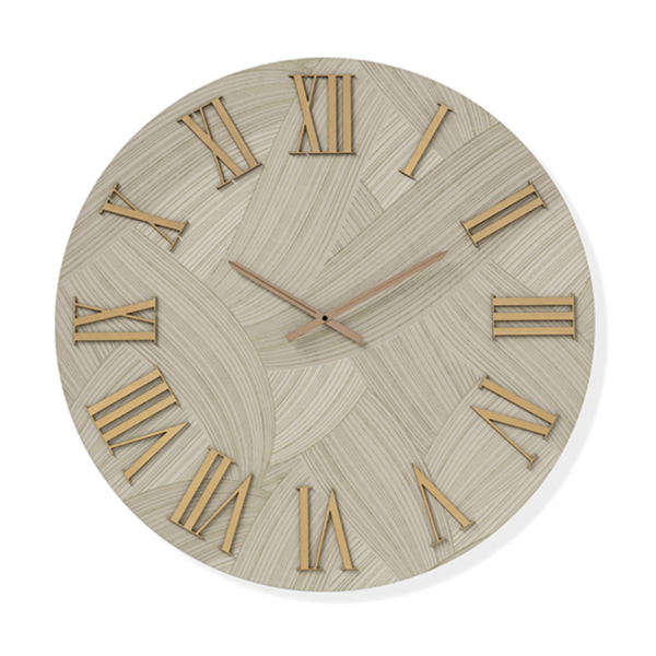 Orologio rotondo D40 cm in legno rivestito con parato e dettagli Rame ADAK