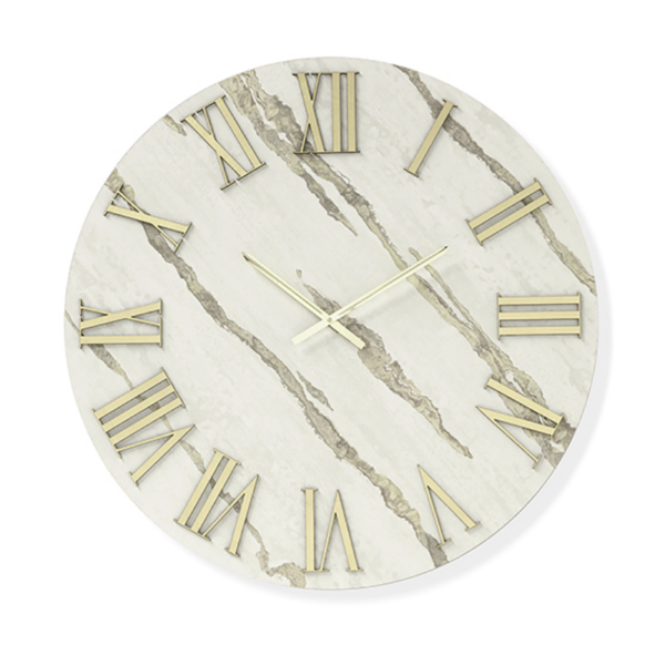 Orologio rotondo D60 cm RYAN in legno rivestito con parato e dettagli Oro