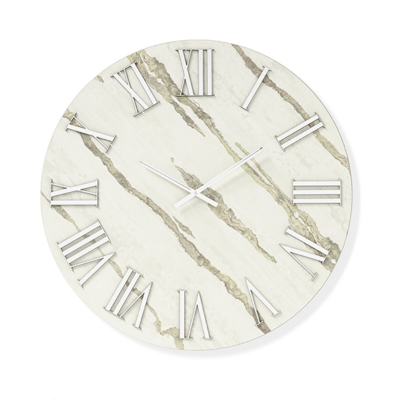 Orologio rotondo D40 cm RYAN in legno rivestito con parato e dettagli Argento