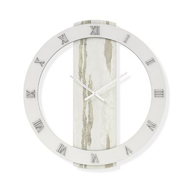 Orologio rotondo D80 cm in legno rivestito con parato e dettagli Argento TYLER