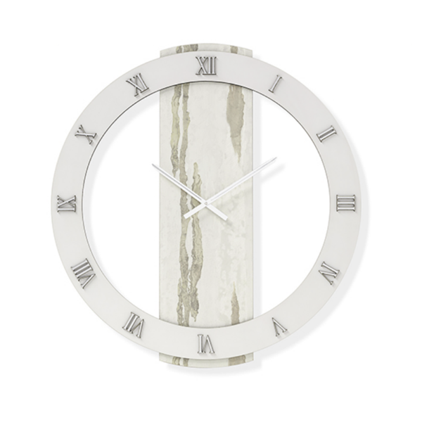 Orologio rotondo D80 cm in legno rivestito con parato e dettagli Argento TYLER