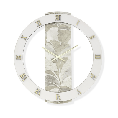 Orologio LARRY rotondo D60 cm in legno rivestito con parato e dettagli Oro