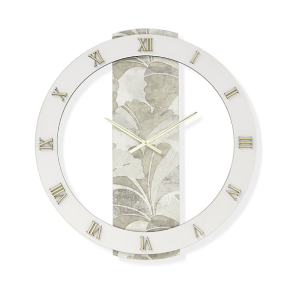 Orologio LARRY rotondo D60 cm in legno rivestito con parato e dettagli Oro