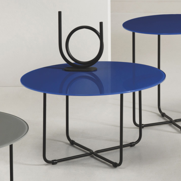 Mesita redonda con tapa de cristal templado pintado Azul JON 60