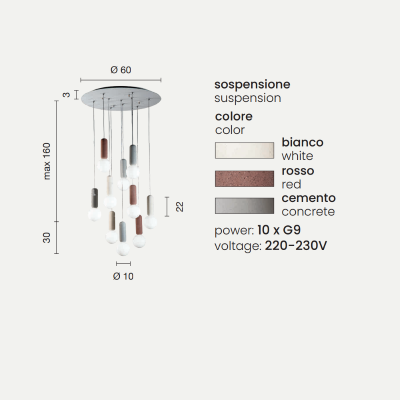 Lampada a sospensione ROCK 60 cm in cemento Multicolor e vetro soffiato 10 Luci