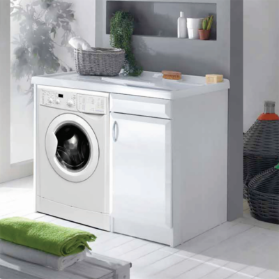 Wash cabinet 105x60 cm in PVC with resin tub for washing machine on the right White