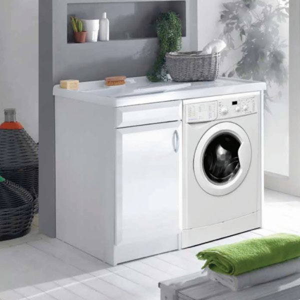 Mobile lavatoio 105x60 cm in Pvc con vasca in resina coprilavatrice a SX Bianco