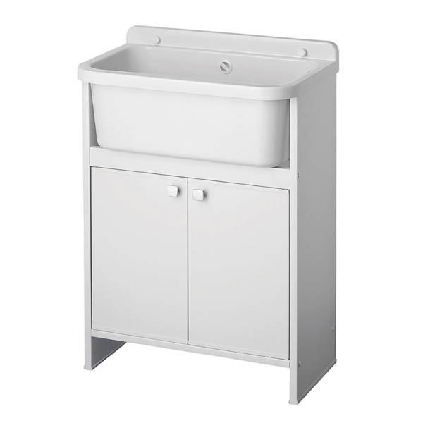 Meuble évier en PVC blanc avec cuve à insert 55x34 cm et 2 portes