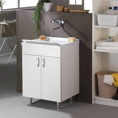 60x50 cm white wooden sink cabinet with 2 doors and resin tub