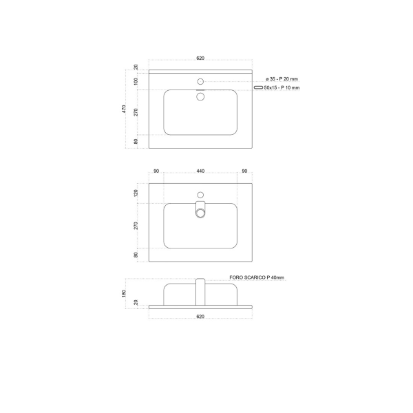 Suspended bathroom cabinet base 2 drawers 62 cm with washbasin LED lamp mirror ANGELA1 oak 