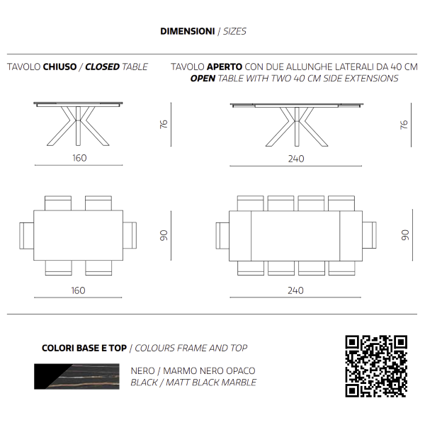 Mesa de cocina extensible 240 cm Tapa de gres porcelánico negro JACKY