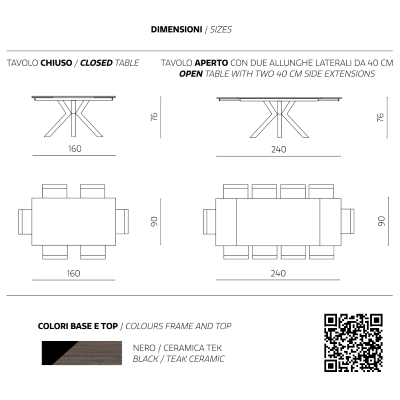 Ausziehbarer Küchentisch 240 cm Tek JACKY Feinsteinzeugplatte