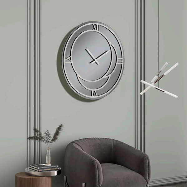 Orologio rotondo D80 cm in cristallo Fumè e dettagli Argento CAIUS