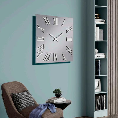 Orologio quadrato in cristallo Fumè e numeri Argento 60x60 cm - ROGER