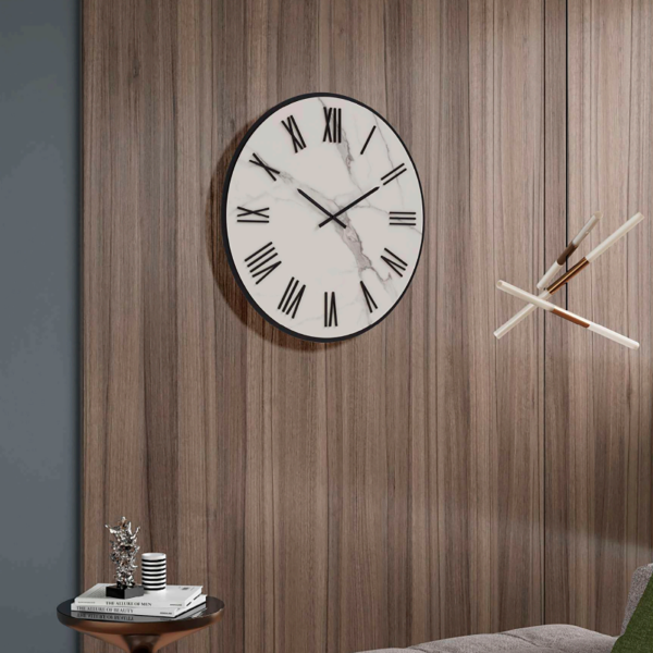 Orologio rotondo D40 cm ANSEL in kerlite Bianco con dettagli Nero