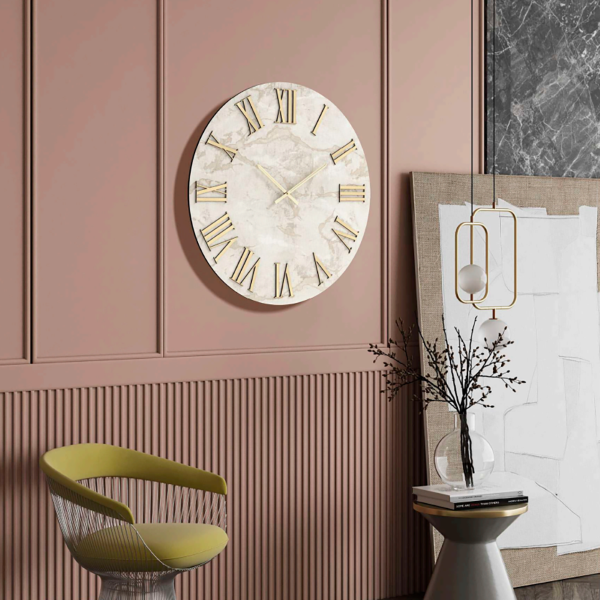 Orologio HAROLD rotondo D60 cm in legno rivestito con parato Oro