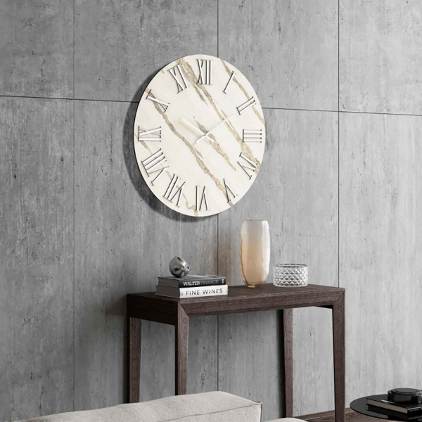 Orologio rotondo D40 cm RYAN in legno rivestito con parato e dettagli Argento