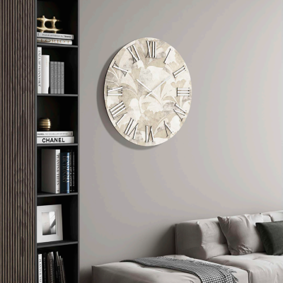 Orologio rotondo D60 cm in legno rivestito con parato e dettagli Argento JOSE