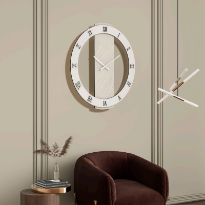 Orologio SCOTT rotondo D80 cm in legno rivestito con parato e dettagli Argento