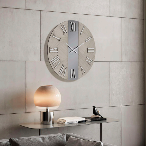 Orologio rotondo D60 cm BILLY in legno rivestito con parato e vetro Fumè 