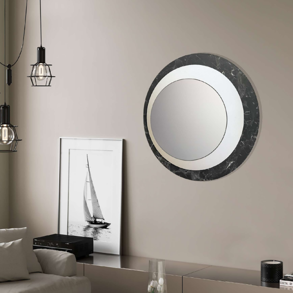 Runder Spiegel 80x80 aus laminiertem Marmor mit schwarzem Blattsilber - DAVID