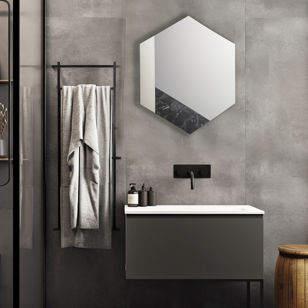 Miroir 70x80 cm avec décorations de feuilles d'argent et marbre stratifié noir - CHARLIE