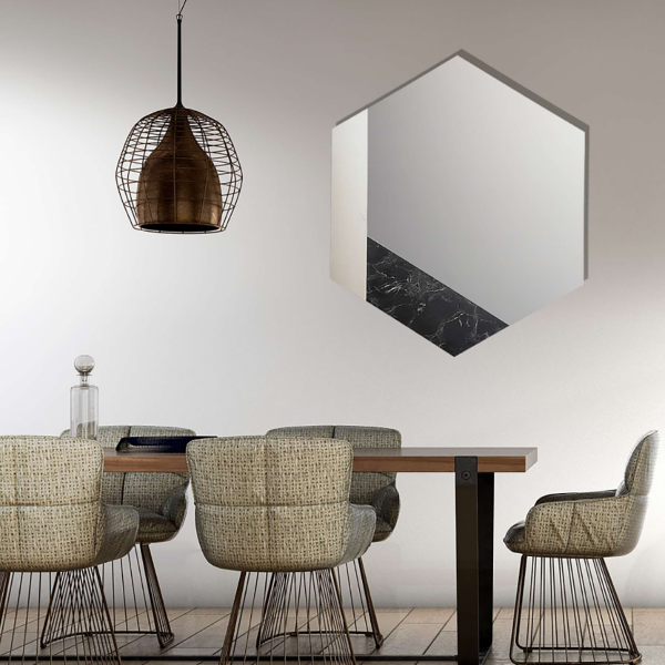 Miroir 70x80 cm avec décorations de feuilles d'argent et marbre stratifié noir - CHARLIE