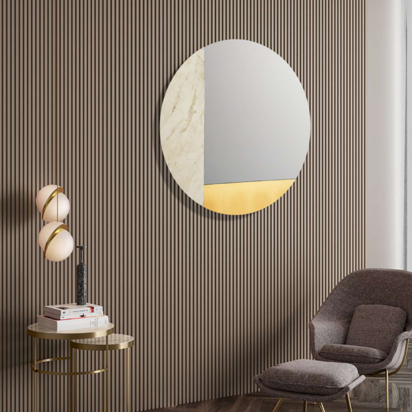 Miroir rond 80 cm marbre stratifié ivoire et feuille d'or - THOMAS