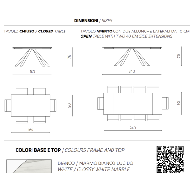 Table à rallonge 240 cm plateau grès cérame blanc NESTORE