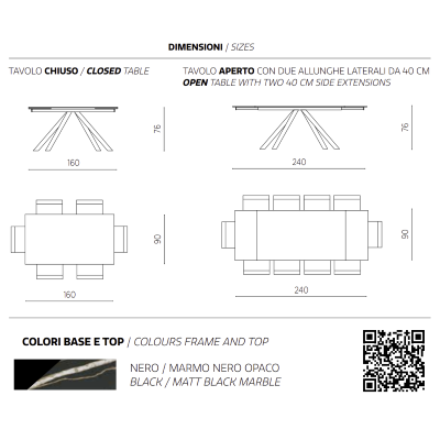 Ausziehbarer Tisch 240 cm NESTORE Platte aus schwarzem Feinsteinzeug