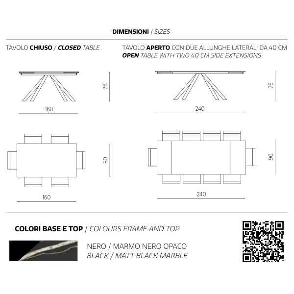 Ausziehbarer Tisch 240 cm NESTORE Platte aus schwarzem Feinsteinzeug