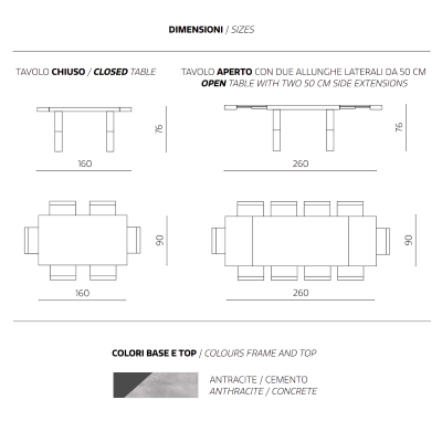 Extendable table to 260 cm with PARIDE cement laminate wood effect structure