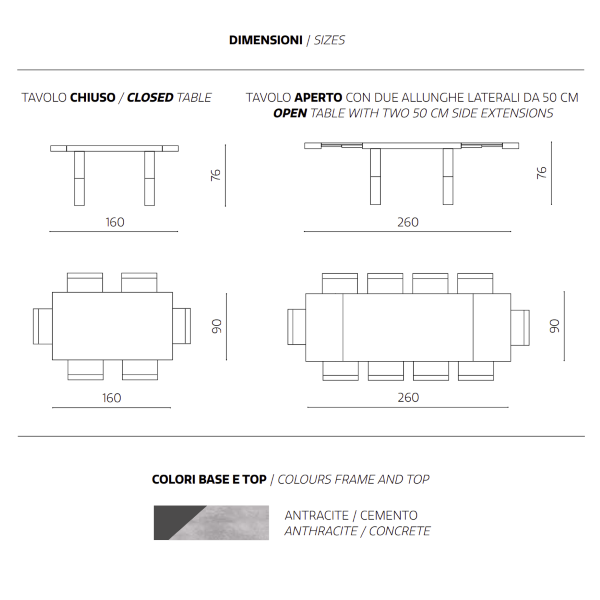 Extendable table to 260 cm with PARIDE cement laminate wood effect structure