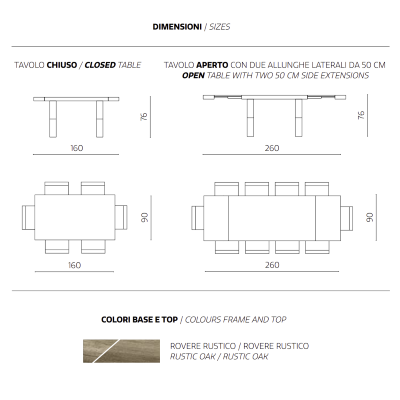 Extendable table to 260 cm with structure in rustic oak PARIDE wood effect laminate
