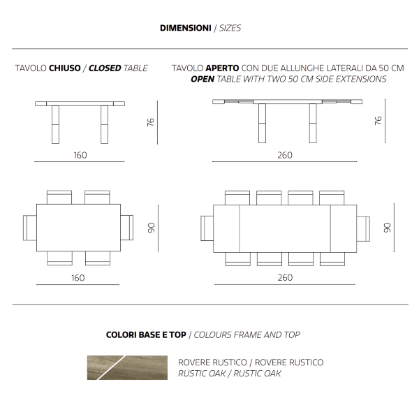Extendable table to 260 cm with structure in rustic oak PARIDE wood effect laminate