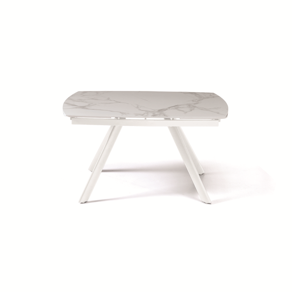 Table moderne TERENCE extensible jusqu'à 210 cm avec piètement en métal et plateau effet marbre blanc